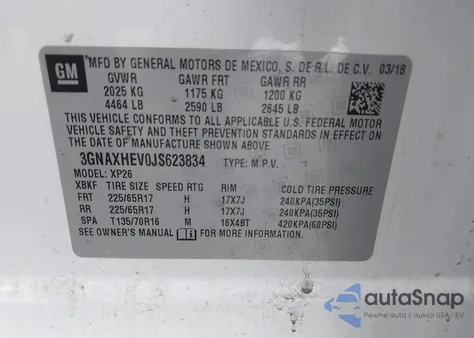2018 Chevrolet Equinox Ls z USA, uszkodzony, nr VIN 3GNAXHEV0JS623834
